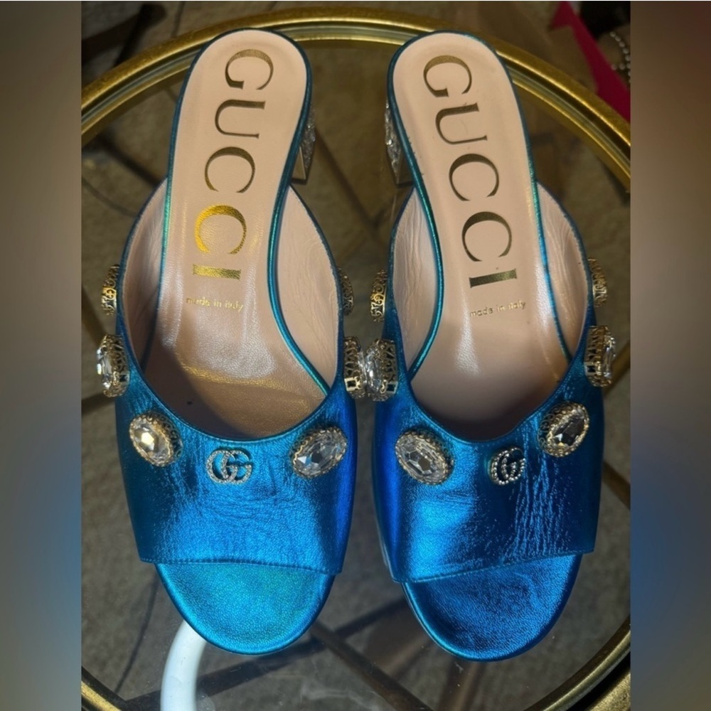 Gucci Metallic Blue Embellished Mules - Picture 9 of 11
